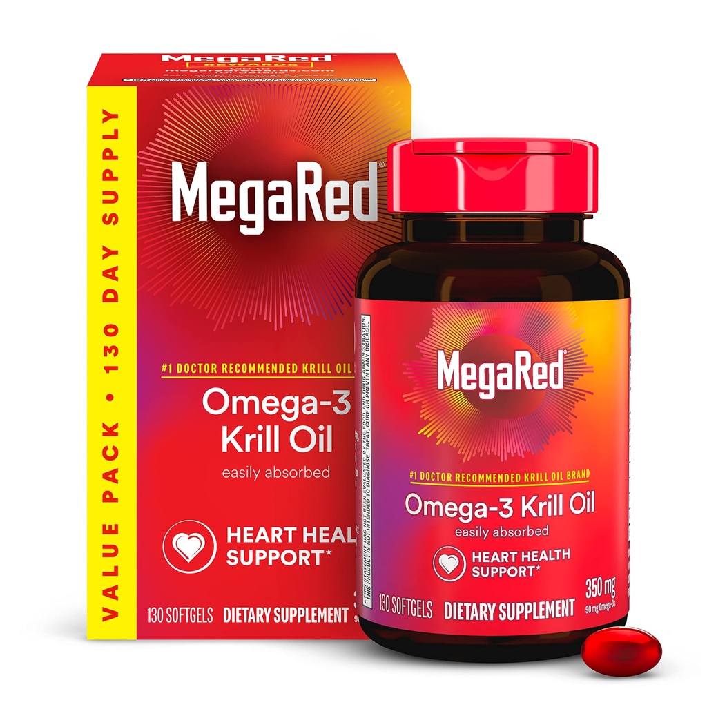 MegaRed - Omega-3 krillõli 350mg Softgels (130 loendatakse pudelis), EPA & DHA Omega-3 rasvhapped, millel ei ole kala järelmaitset erinevalt kalaõlist, sisaldab antioksüdantset astaksantiini