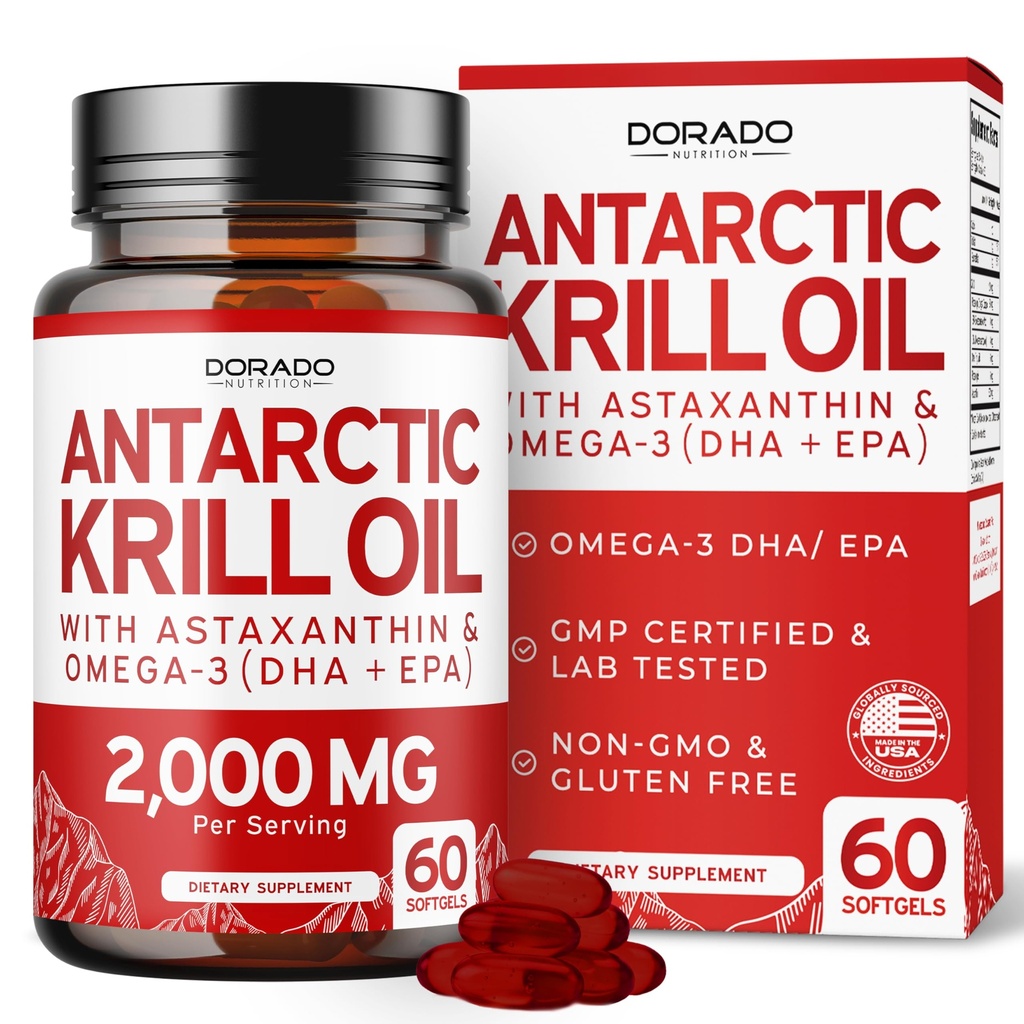 Antarktika krillõli täiendus (2000mg per Serving, 60 Softgels) Krillõli Omega 3 toidulisandeid EPA, DHA ja astaksantiin - Premium fosfolipiid täiskasvanutele - Kolmanda osapoole testitud, mitte-GMO ja USA Made