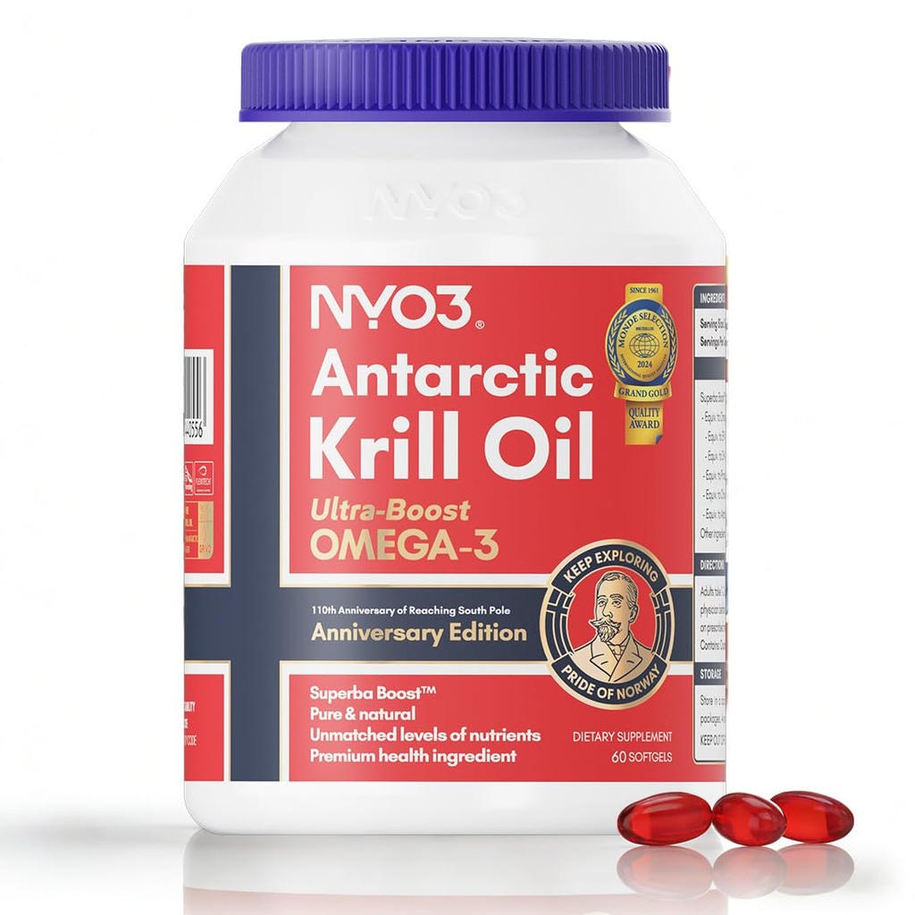 NYO3 Krill Oil 1000mg Omega 3 täiendus, 56% fosfolipiidid 98% imendumiseks, Antarktika Superba Boost Krill Oil, High EPA & DHA südame aju vere lipiidide tervise jaoks, No Fishy Burps, 60 Softgels