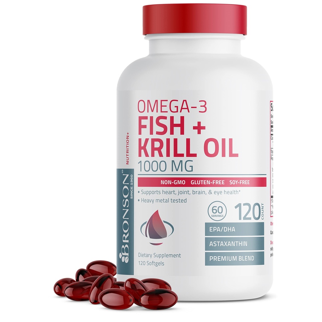 Bronson Omega-3 kala + krillõli 1000 MG EPA DHA astaksantiin Premium Blend - liiges, aju ja silmade tervis - Non GMO, Heavy Metal Tested, 120 Softgels
