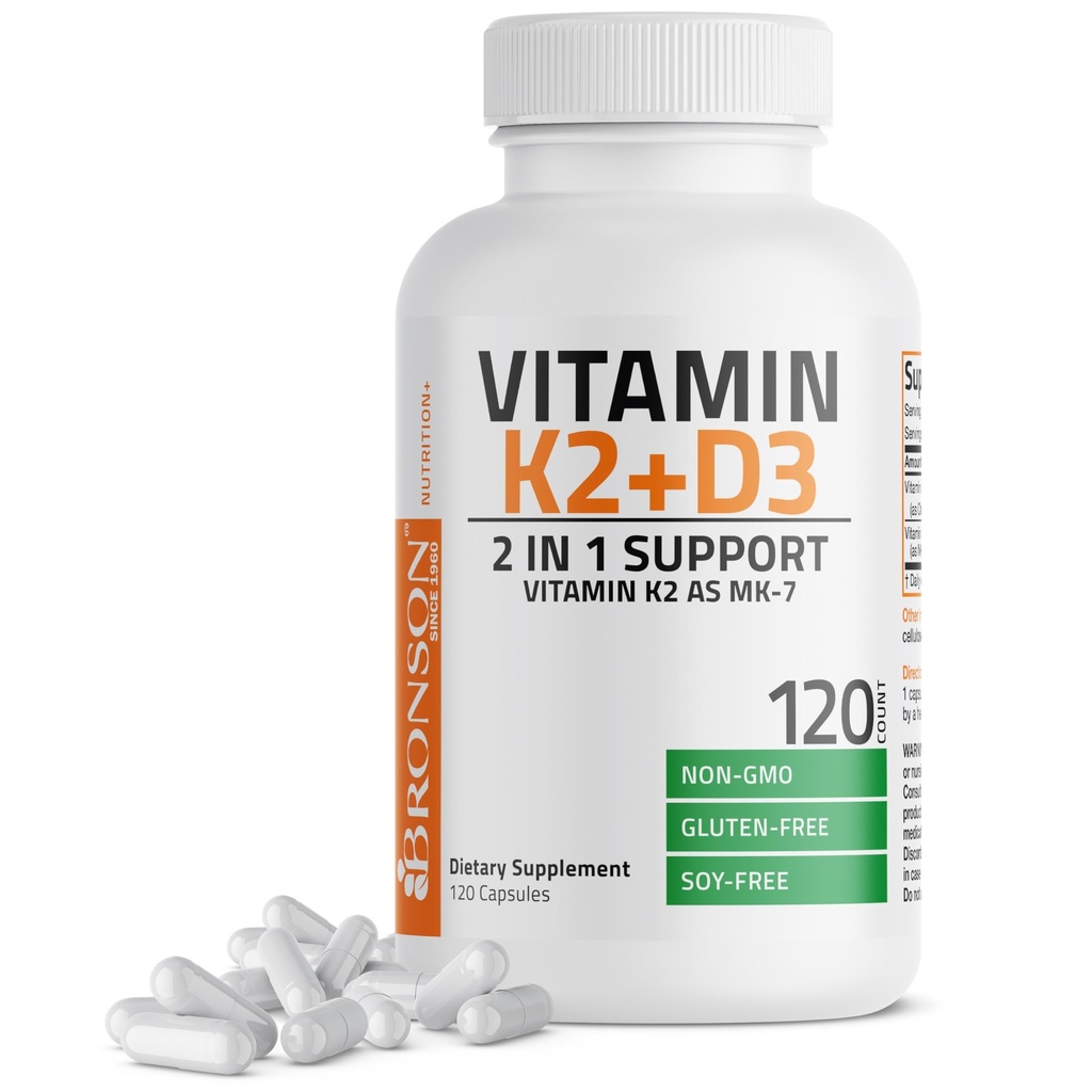 Bronsoni vitamiin K2 (MK7) koos D3-lisandiga Mitte-GMO valem 5000 IU D3-vitamiin & 90 μg K2 MK-7 Lihtne alla neelata D & K kompleks, 120 kapslit