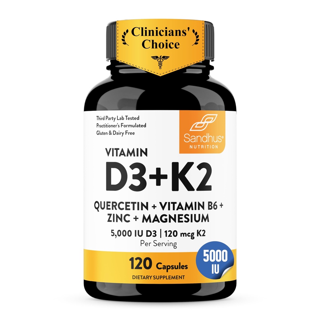 Sandhu vitamiin D3 K2 Magneesium 5000 IU, 120mcg K2 Kapslid 120 Loe (pakk 1) | koos VIT B6, Tsink & Quercetin | D3K2 toetab paremat imendumist, energiat, immuunsust, lihaste tervist meestele ja naistele