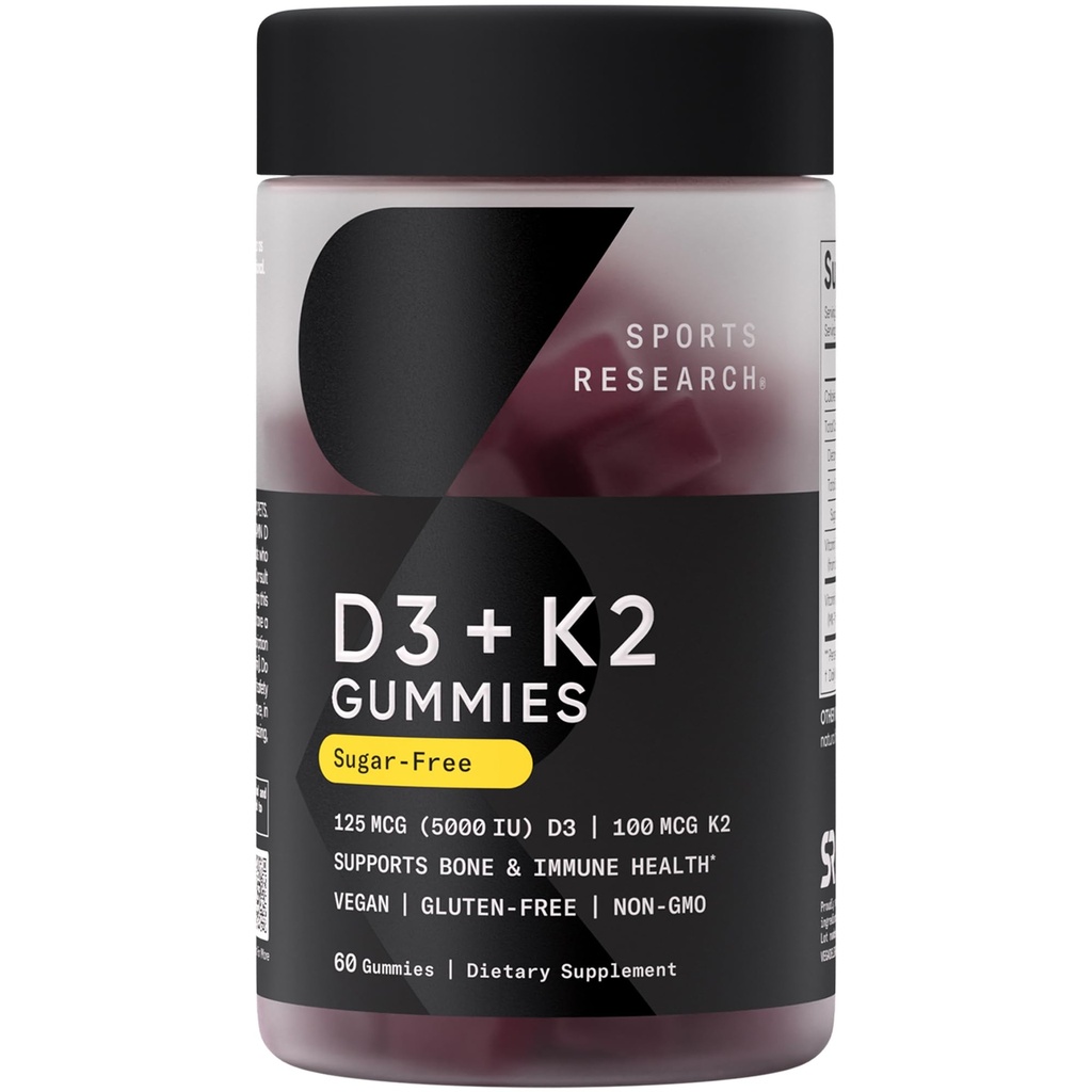 Sport Research® Vegan Vitamiin D3 + K2 Suhkruvabad Gummies - 125mcg (5000iu) Vitamiin D w / 100mcg Mk7 Vitamiin K - toetab luude ja immuunsüsteemi tervist * - Vegan Certified · Mitte-GMO · Sojavaba - 60 Count