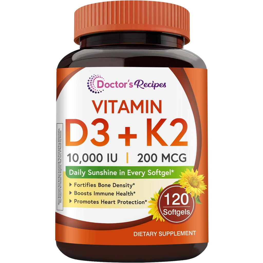 Arsti retseptid Vitamiin D3 K2, 10 000 IU, 200 mcg, MK-7, Tugev luutihedus, hambad, immuunsüsteem, südame tugi, energia, kaltsiumi imendumine, ilma soja ja gluteenita, mitte-GMO, 120 Softgels