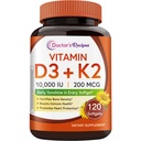 Arsti retseptid Vitamiin D3 K2, 10 000 IU, 200 mcg, MK-7, Tugev luutihedus, hambad, immuunsüsteem, südame tugi, energia, kaltsiumi imendumine, ilma soja ja gluteenita, mitte-GMO, 120 Softgels