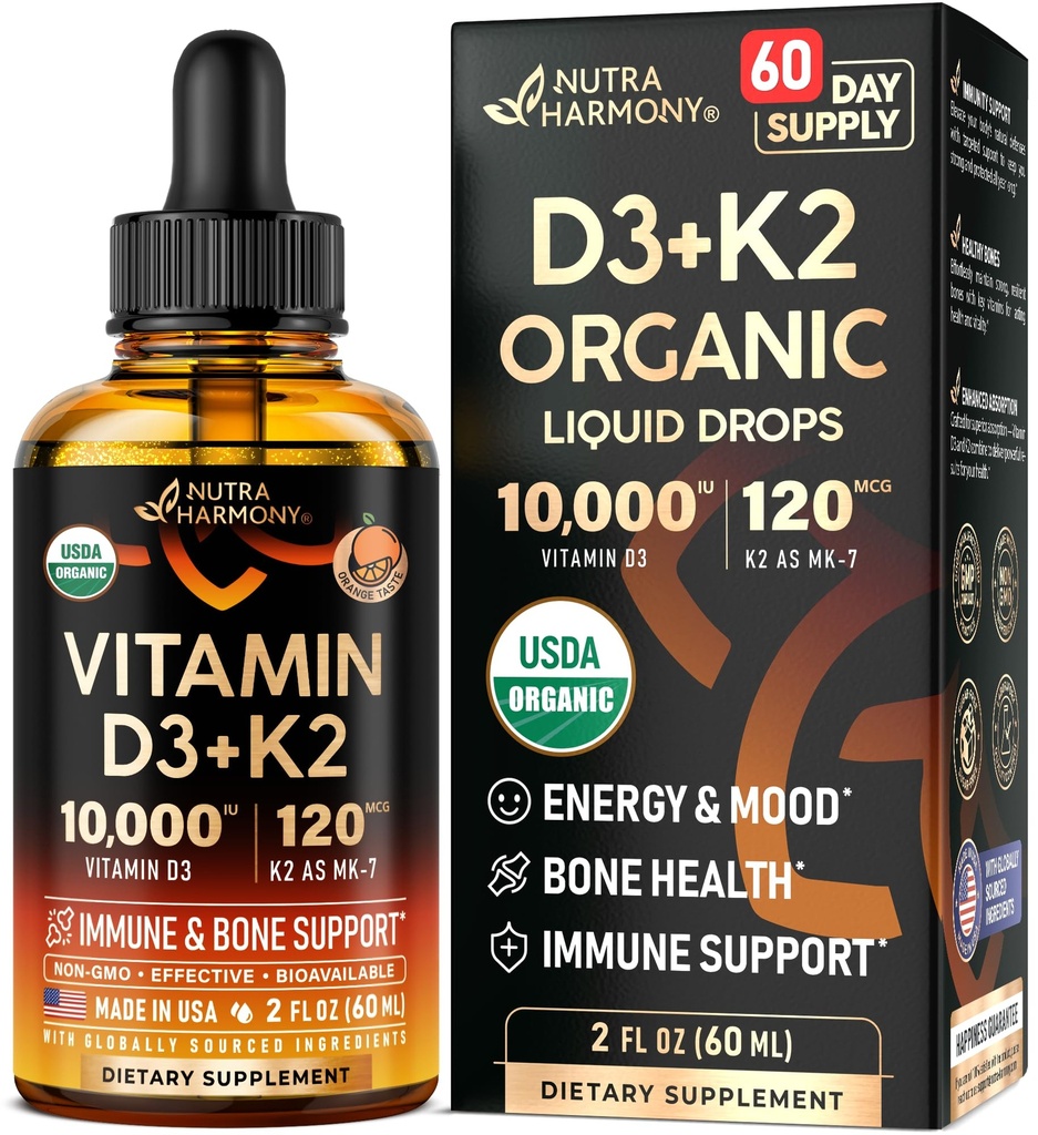 Vitamiin D3 K2 USDA Orgaanilised tilgad - Vitamiin D3 10000 IU & K2 kui MK-7 120mcg - Immuunsuse ja meeleolu tugi, luud ja hambad Tervis - Suhkruvaba oranž maitse - Vedel täiendus - valmistatud USAs - 2 FL OZ, 60 päeva