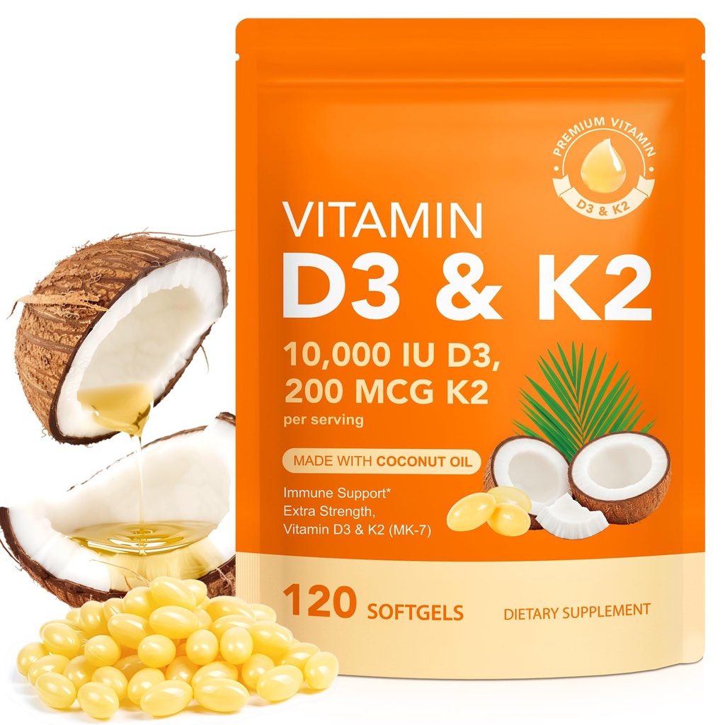 Vitamiin D3 K2 kookosõli - Vegan Vitamiin D3 & Mk7 Vitamiin K2 Luu ja immuunsüsteemi tugi - Mitte-GMO, Soja vaba - 120 Softgels