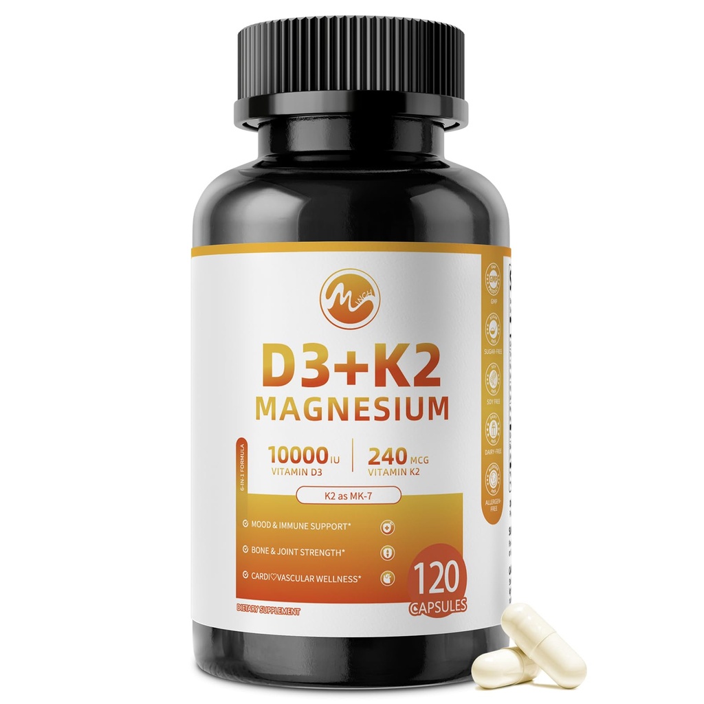 M tolli vitamiin D3 K2 magneesiumiga, vitamiin D3 10000 IU, vitamiin K2 MK-7 240 mcg, 6-in-1 K2 D3 vitamiinilisa koos kvertsetiiniga luu jaoks, immuun- ja moo * d tugi, väga biosaadav, 120 kapslit