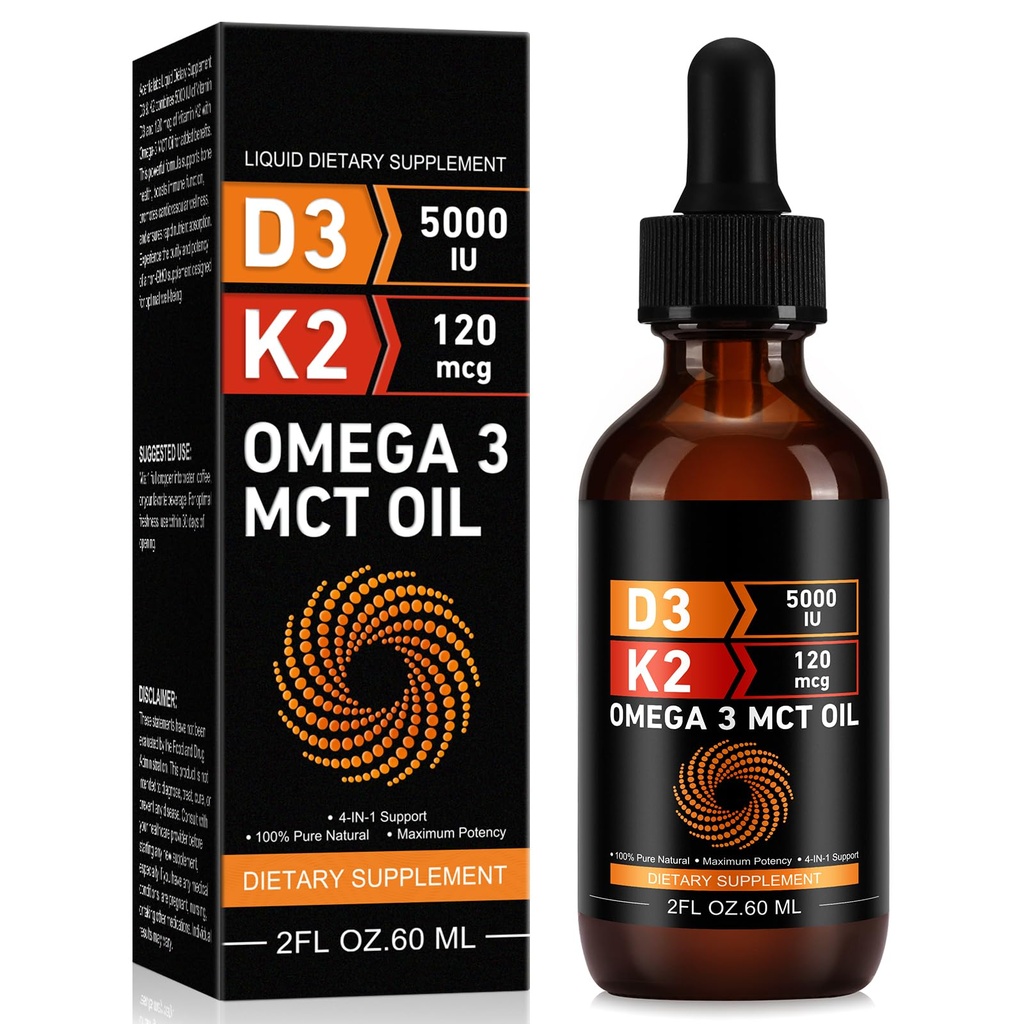 Daiasns Vitamiin D3 5000 RÜ & K2 (MK-7) 120 mcg 60 ml tilgad MCT õli Omega 3, vedel Vitamiin D3 & K2 Toidulisandid - 2 kuud Pakkumine - Toetavad luud, hambad, meeleolu ja immuunsüsteem, kaltsiumi imendumine