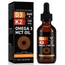 Daiasns Vitamiin D3 5000 RÜ & K2 (MK-7) 120 mcg 60 ml tilgad MCT õli Omega 3, vedel Vitamiin D3 & K2 Toidulisandid - 2 kuud Pakkumine - Toetavad luud, hambad, meeleolu ja immuunsüsteem, kaltsiumi imendumine