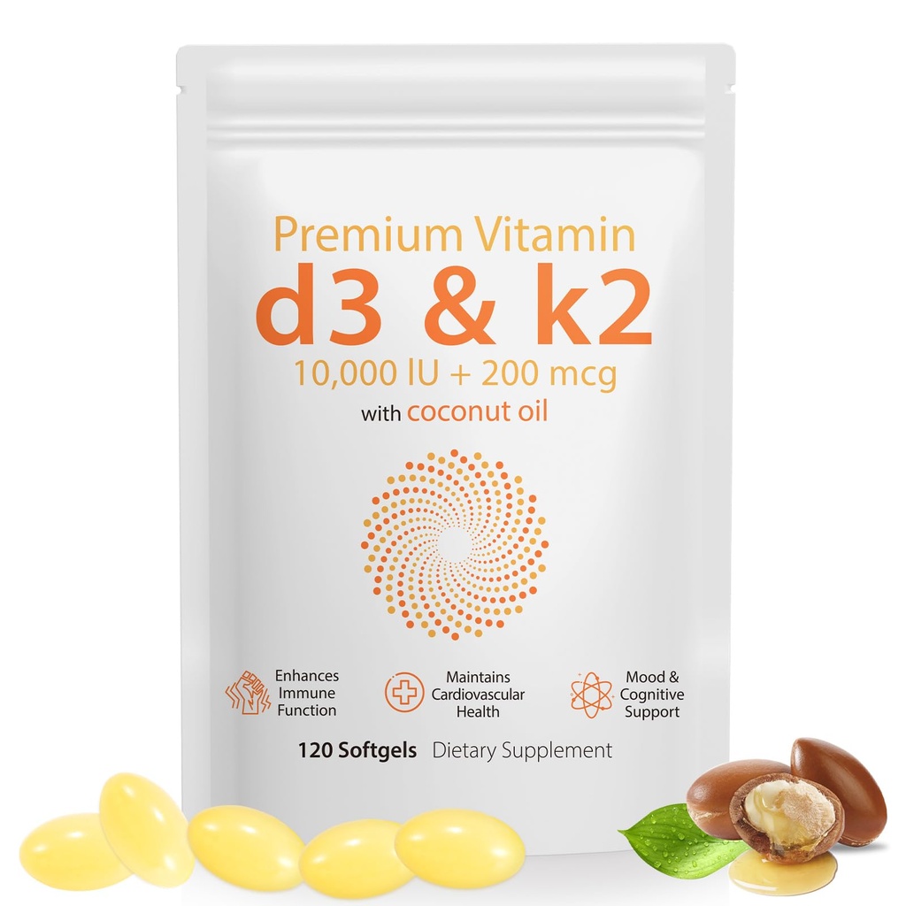 Daiasns Vitamiin D3 K2 10000iu toetab lihaste ja aju tervist - suure tugevusega D3 K2 täiendus aitab immuunsust ja südame-veresoonkonna tuge - 120 Softgels