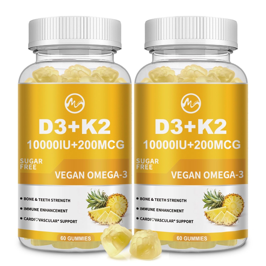 M tolli Vitamiin D3 K2 Kummid, Vitamiin D3 10000IU, K2 (MK-7) 200mcg, 6-in-1 Vitamiin D3 con K2 Täiendus Omega-3 naistele ja meestele - Luud, Hammaste ja immuunsüsteemi tugi, Suhkruvaba, 2 Pack