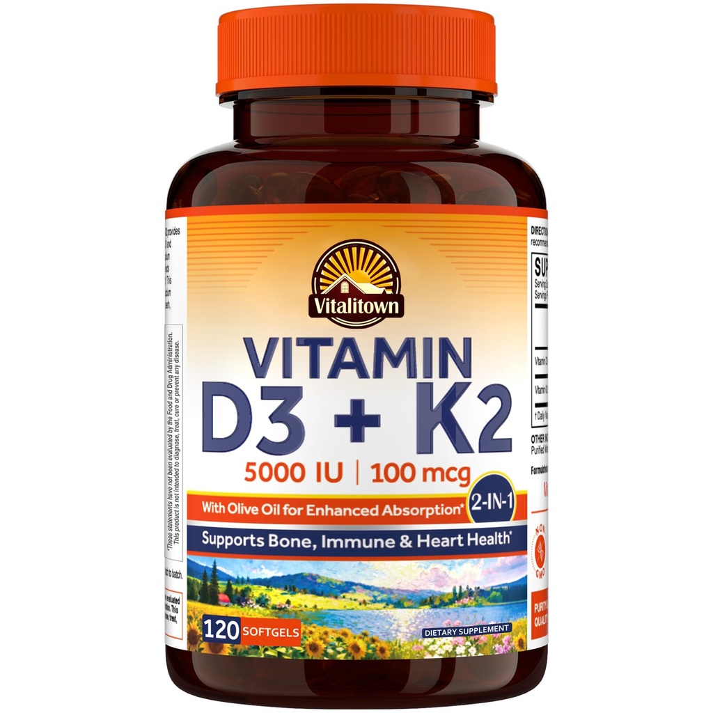 Vitalitowni D3-vitamiini K2 lisand, D3 5000 RÜ, vitamiin K2 MK-7 100 mcg, mitte-GMO, gluteeni ja soja, luude, hammaste, immuunsuse ja südame tervise jaoks, 120 Softgels