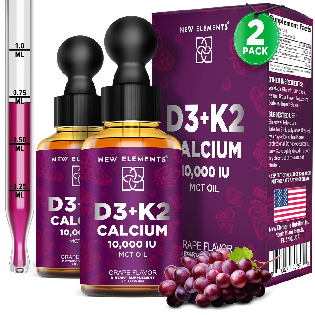 Uued elemendid [2 Pack] Vedel D3-vitamiin K2 tilkab kaltsiumiga täiskasvanutele  Vitamin D3-vitamiin 10 000 RÜ | D3 K2 kaltsiumiga luude tervise ja immuunsuse toetamiseks | Ühine tervise täiendus | Mitte-GMO | Vegan
