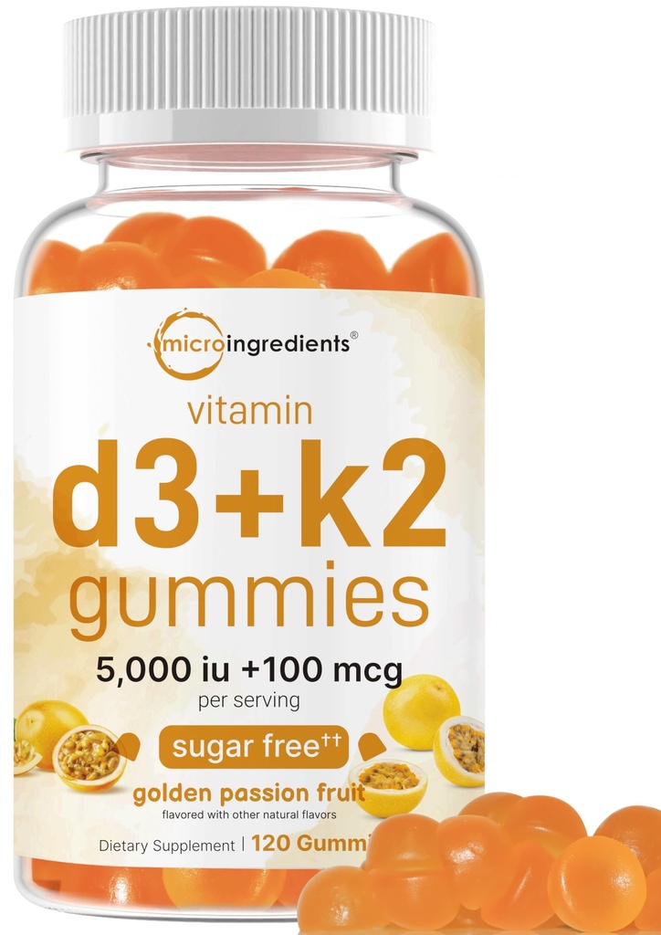 Mikrokoostisosad Vitamiin D3 K2 Gummies, 120 loend | 5000 IU D-vitamiini + 100 mcg K2 MK-7 | Luu, immuun- ja südametervise toidulisandid * | Suhkruvaba kuldne kirg puuviljamaitse | Mitte-GMO, Gluteenivaba