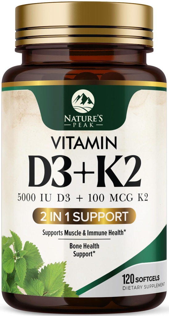 D3 K2 Vitamiin - Vitamiin D3 5000 RÜ Softgeli kohta - kõrge potentsiga D3-vitamiin - 2-in-1 kompleksne D-vitamiin ja K2-vitamiin (MK7) - kerge neelata, luu ja immuunsuse tugi - pudelis USA - 120 Softgels