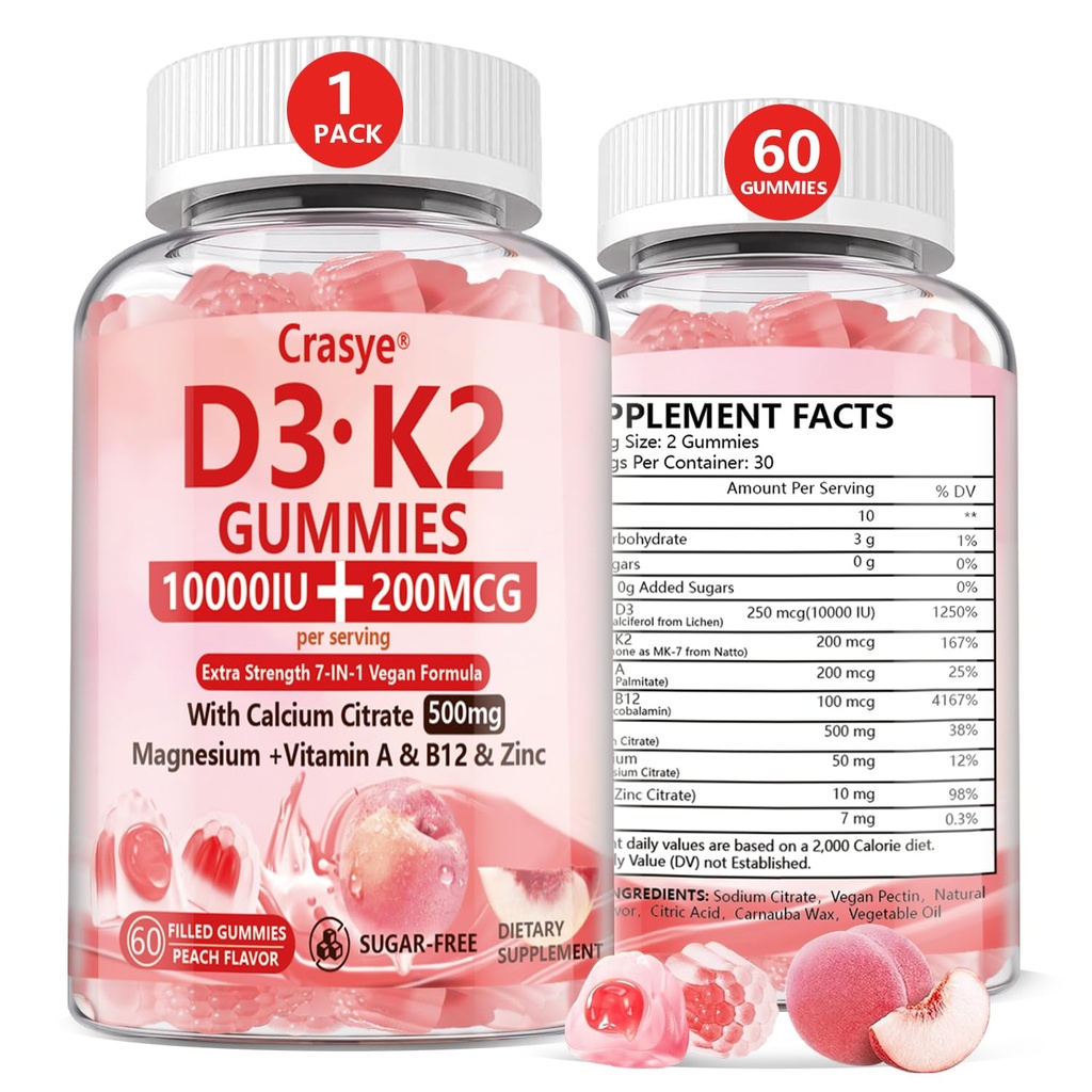 Vitamiin D3 K2 Gummies 10000 RÜ 500mg Kaltsium Magneesium Tsink Kummisuhkru tasuta ADK + Vitamiin B12 täiendused naistele ja meestele Luud, lihased, Hambad Virsikumaitse - 60 Gummies - 30 Serving