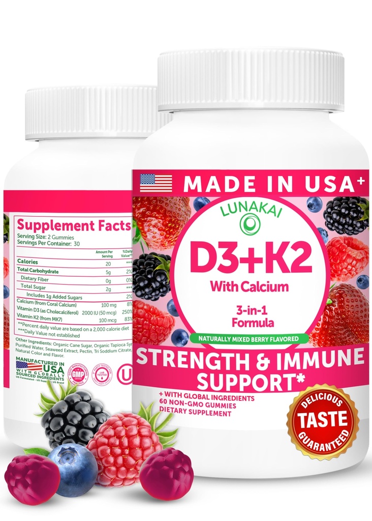 Lunakai USA Valmistatud Vitamiin D3 K2 Gummies Kaltsiumiga - 3-in-1 Päevane Vegan Toidulisa Luude Ja Immuunsüsteemi Naistele, Meestele Ja Lastele, 60ct