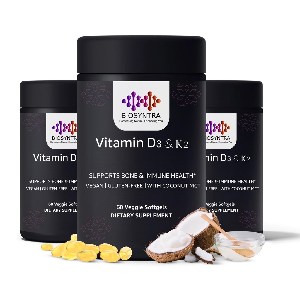 Vitamiin D3 + K2 kookosõliga - Vegan Vitamiin D 5000 RÜ & MK7 Vitamiin K 110mcg luu, südame ja immuunsuse toetamiseks, mitte-GMO, kolmanda osapoole testitud, sojavaba, kõrge imendumine 60 taimeõli Softgels