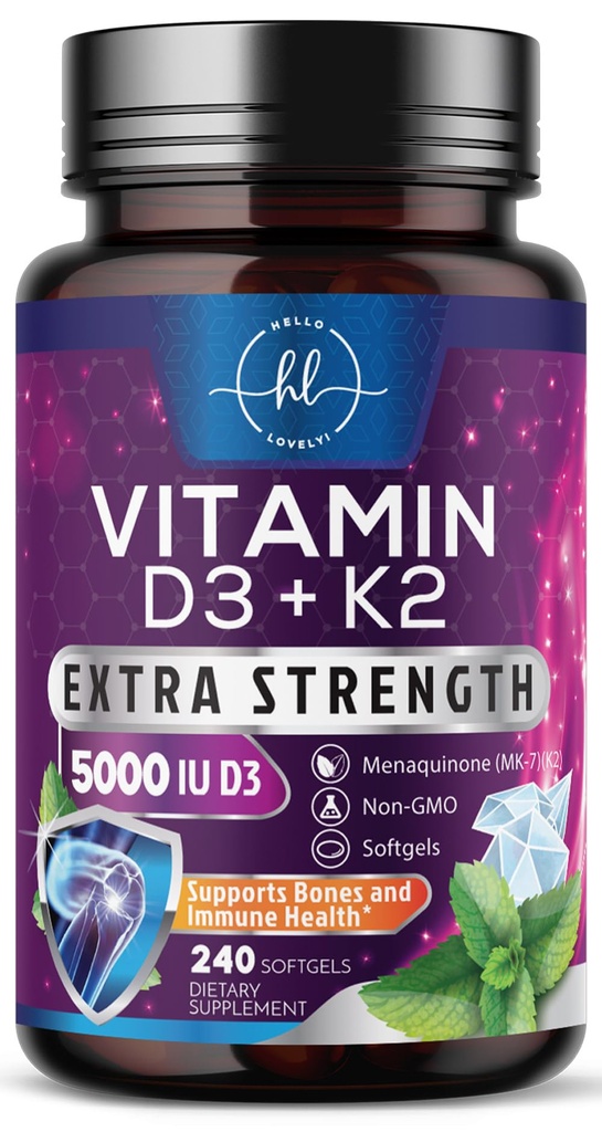 D-vitamiin K2-ga (MK-7) - Vitamiin D3 5000IU (125mcg) ühe serveerimise kohta - D3K2 kompleksne lisand luudele, hammastele, lihastele, kaltsiumi imendumisele, immuunsuse toetamisele ja südame tervisele - pudeldatud USA-s - 240 Softgels