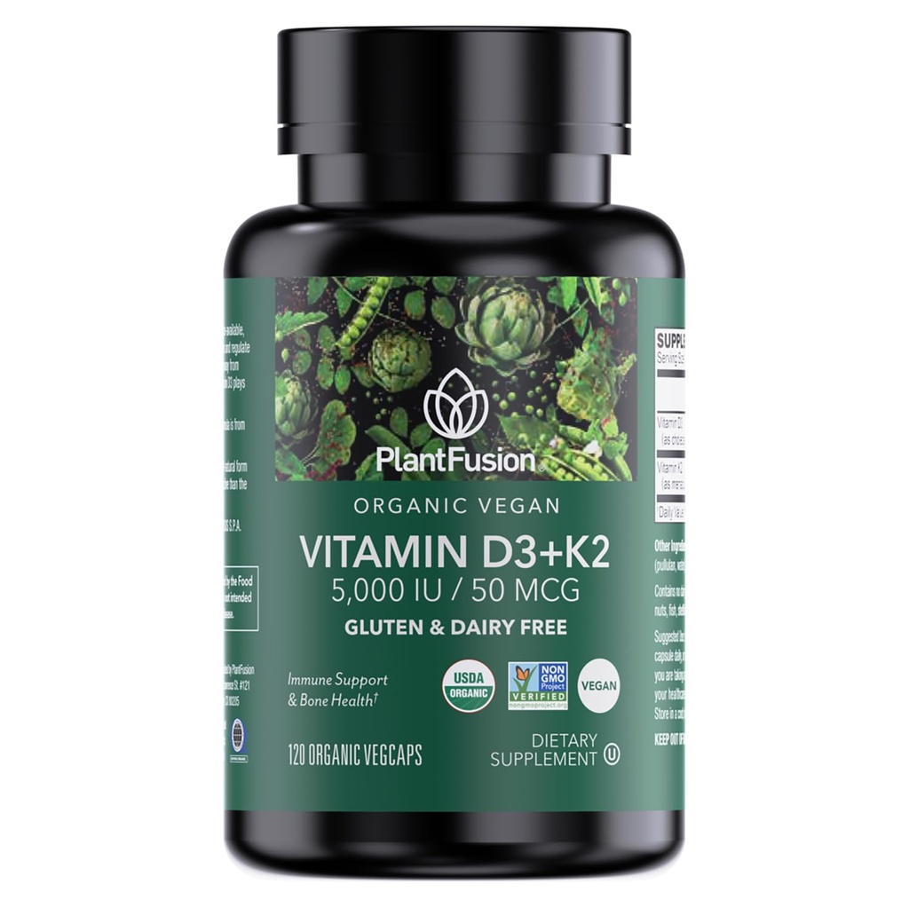 PlantFusion Orgaaniline Vegan Vitamiin D3 + K2 5000 RÜ, 50MCG - D-vitamiin, mis on saadud taimsest samblikust ja K2-vitamiinist, immuunsuse toetamiseks ja luude terviseks - 120 kapslit