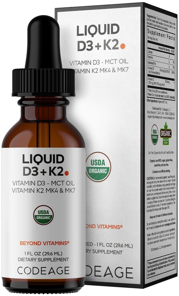 Kodeiin Vedel D3+K2 Vitamiinid USDA Orgaaniline - Vitamiin D3 2000 RÜ, Vitamiin K2 (MK4 & MK7) Vedelad tilgad - Immuunsüsteemi tugi - Maitsestamata - Orgaaniline MCT Nafta - GMO-vaba - 1 fl oz