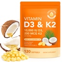 Vitamiin D3 K2, D3 K2 Vitamiin 10000 iu täiendus kookosõli Softgels, 2 in 1 Formula 200 mcg (MK-7) Complex Softgels Support Kaltsiumi imendumist, Immuunsus, Luu tervis D3 K2 Vitamiin - 120 Softgels