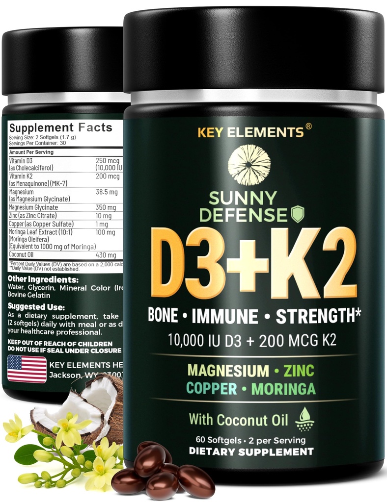 PÕHIELEMENDID D3 K2 Vitamiin 10 000 RÜ magneesiumglütsinaadiga 350mg, tsink ja moringa - luu ja immuunsuse tugi - D-vitamiin K2 MK-7 200mcg - GMO-ga mitteseotud, gluteenivabad softgelid