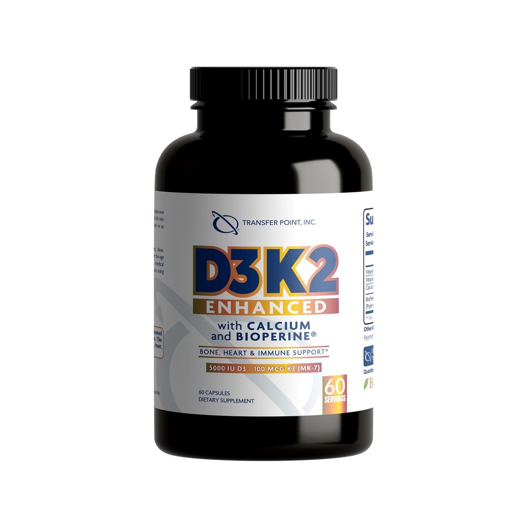 D3K2 täiustatud kaltsiumi ja bioperiiniga® - 5000 IU D3-vitamiini + 100 mcg K2-vitamiini MK-7 - üks kord päevas valem, 60 kapslit
