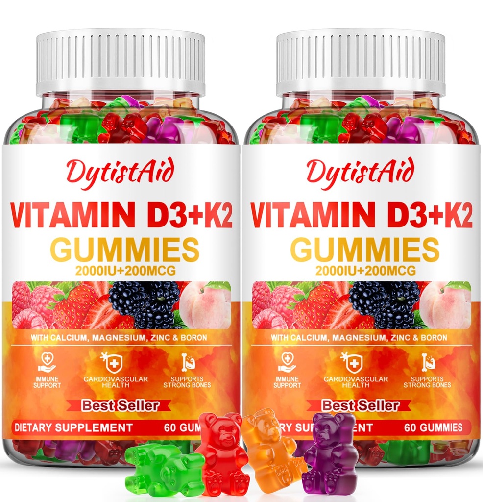 Vitamiin D3 + K2 Gummies 2000 RÜ kaltsium + K2 (MK-7), magneesiumtsitraat, C-vitamiin, tsink ja boor - luu, südame ja immuunsuse tugi - vegan, mitte-GMO, želatiinivaba, suhkruvaba toidulisand, 120 Gummies