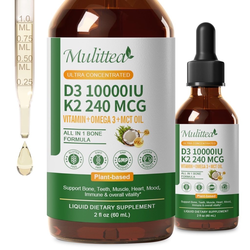 2 Pack Orgaaniline Vitamiin D3 K2 Vedel 10000 RÜ w/ Vegan Omega-3 & Kookospähkli MCT Õli - Maksimaalne tugevus D-vitamiini lisand, Ei Täiteaineid, Mitte-GMO K2 MK7 luude, lihaste ja suure imendumisega-2 Fl Oz