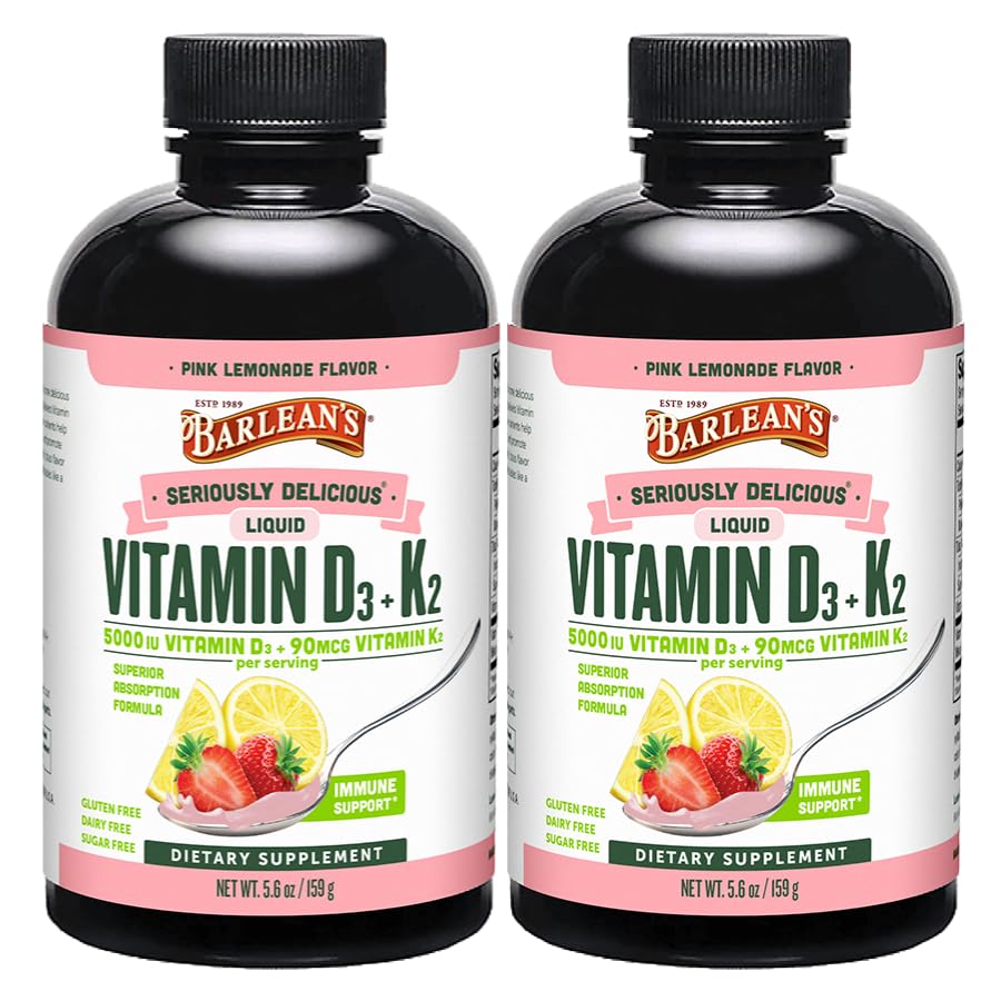 Barlean's Pack 2 Vitamiin D3 + K2 Vedel täiendus lastele ja täiskasvanutele, 5000 IU D-vitamiini, roosa Lemonaad, Non-GMO, Gluteen ja piimavaba, 5,6 oz Iga