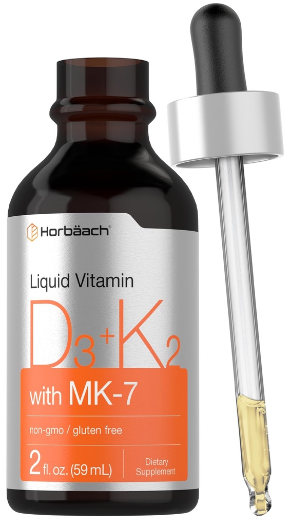Horbäach Vitamiin D3 K2 Vedeliktilgad | MK7 | 2 Fl Oz | Taimetoitlane, mitte-GMO, gluteenivaba toidulisand
