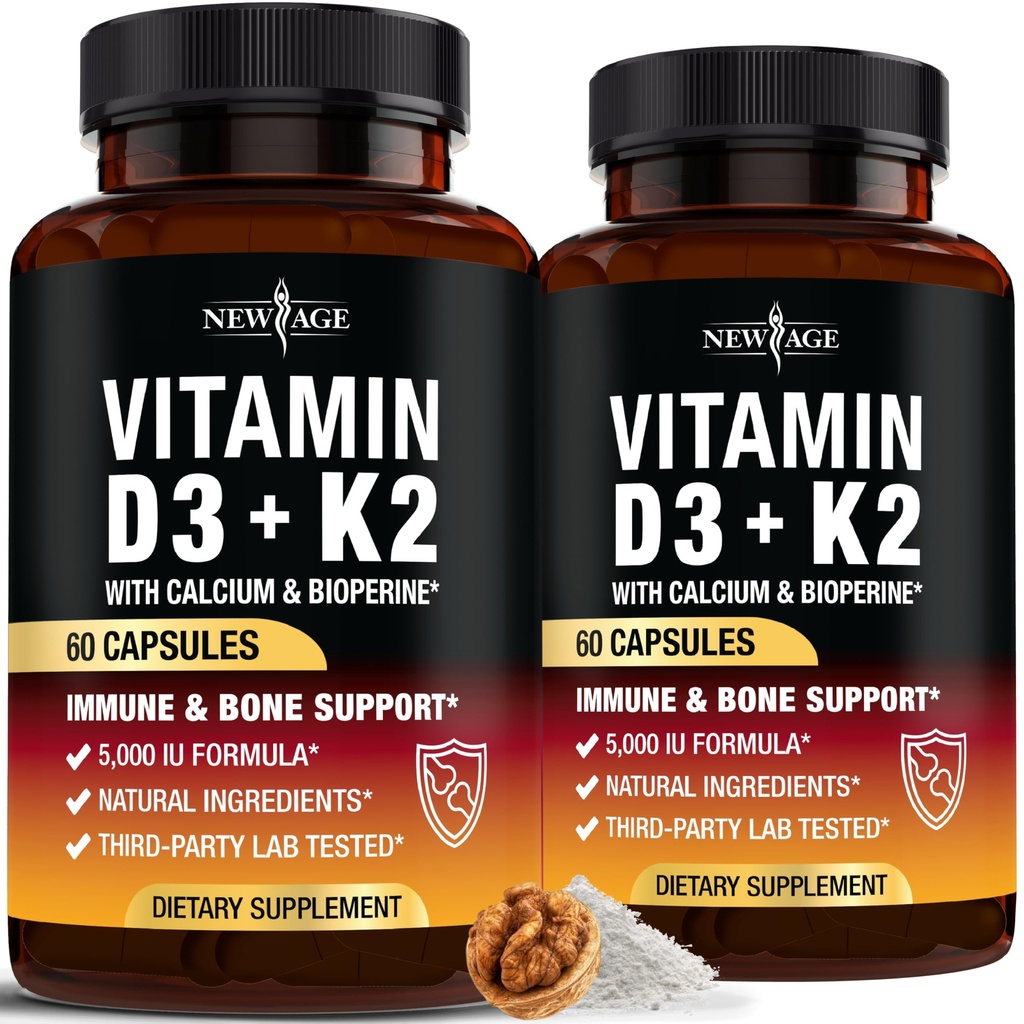 NEW AGE D3-vitamiin 5000 RÜ + K2 MK-7 100 mcg - 2-in-1 luu, immuunsüsteemi ja südame tugi, lihtne neelata, mitte-GMO - 120 kapslit