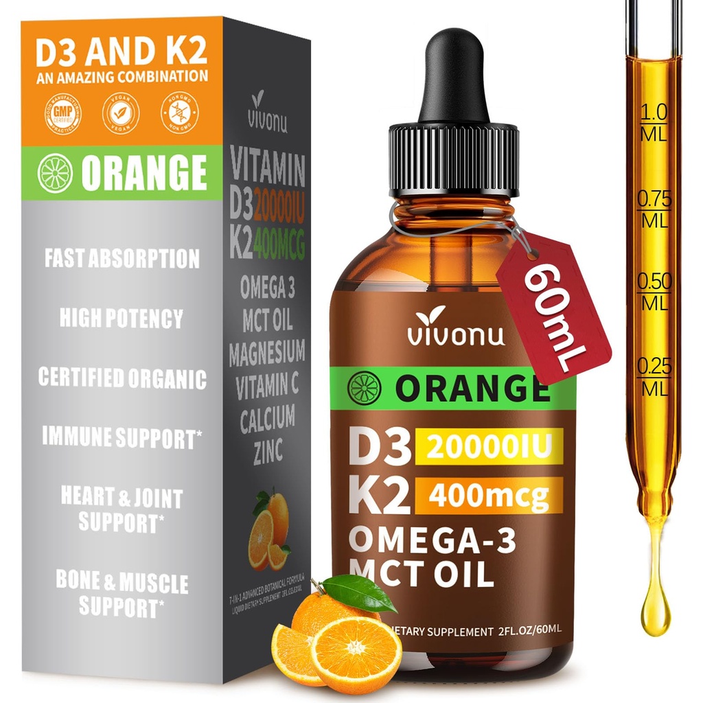 Vitamiin D3 K2 tilgad, D3 20000 RÜ & K2 kui MK-7 400mcg koos magneesiumi, kaltsiumi, tsingi ja oomega 3 immuunsüsteemi *, meeleolu *, luu * tervis, oranž maitse D-vitamiini vedelad tilgad Täiendus 1 pudel/2 Ounces