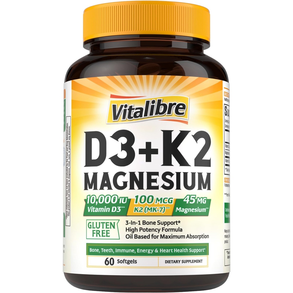 Vitalibre Vitamiin D3 K2 + Magneesiumilisand, 10000 IU D3-vitamiin ja 100 mcg K2, magneesiumglütsinaat, luud, hambad, immuun- ja energiatoetus, kõrge imendumine, mitte-GMO, lihtne neelata, 60 Softgels