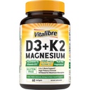 Vitalibre Vitamiin D3 K2 + Magneesiumilisand, 10000 IU D3-vitamiin ja 100 mcg K2, magneesiumglütsinaat, luud, hambad, immuun- ja energiatoetus, kõrge imendumine, mitte-GMO, lihtne neelata, 60 Softgels