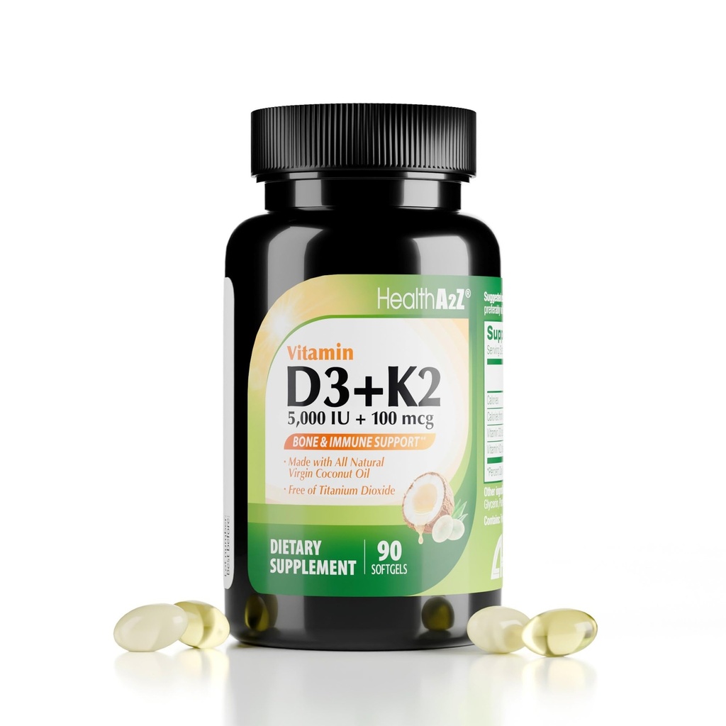 HealthA2Z® D3-vitamiin (5000 IU) + K2 (MK-7), mis on valmistatud neitsi kookosõlist (looduslik MCT) - 90 Softgels (pakk 1) - aitab kaltsiumi imendumist luude, hammaste, meeleolu ja immuunsüsteemi tervisele