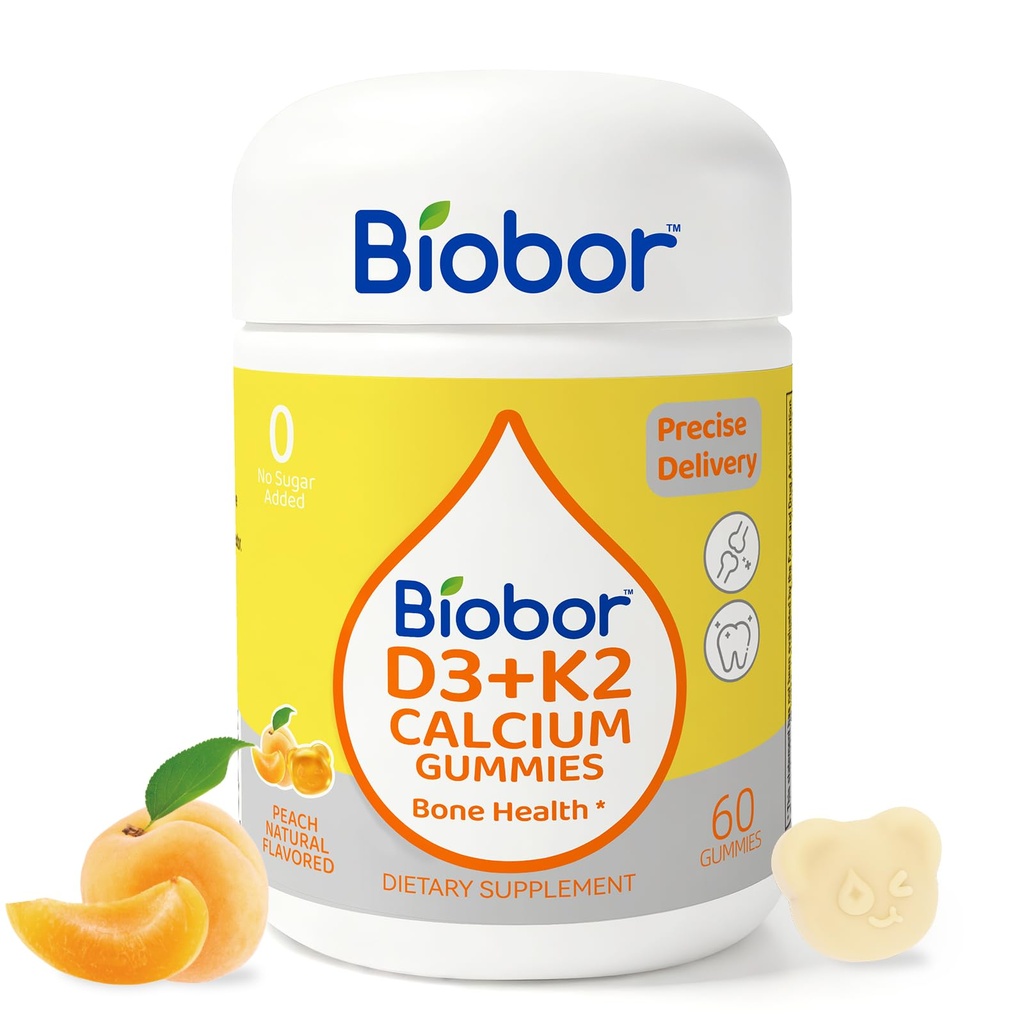 Biobor Vitamiin D3 K2 Kummid kaltsiumiga, 2000 IU D3 & 200 mcg K2(MK-7) & 200 mg Kaltsium, suhkrulisandita, toetab tervislikke luid & immuunsüsteemi Tervis, Gluteenivaba, GMO-vaba, kollane virsik, 60 Count