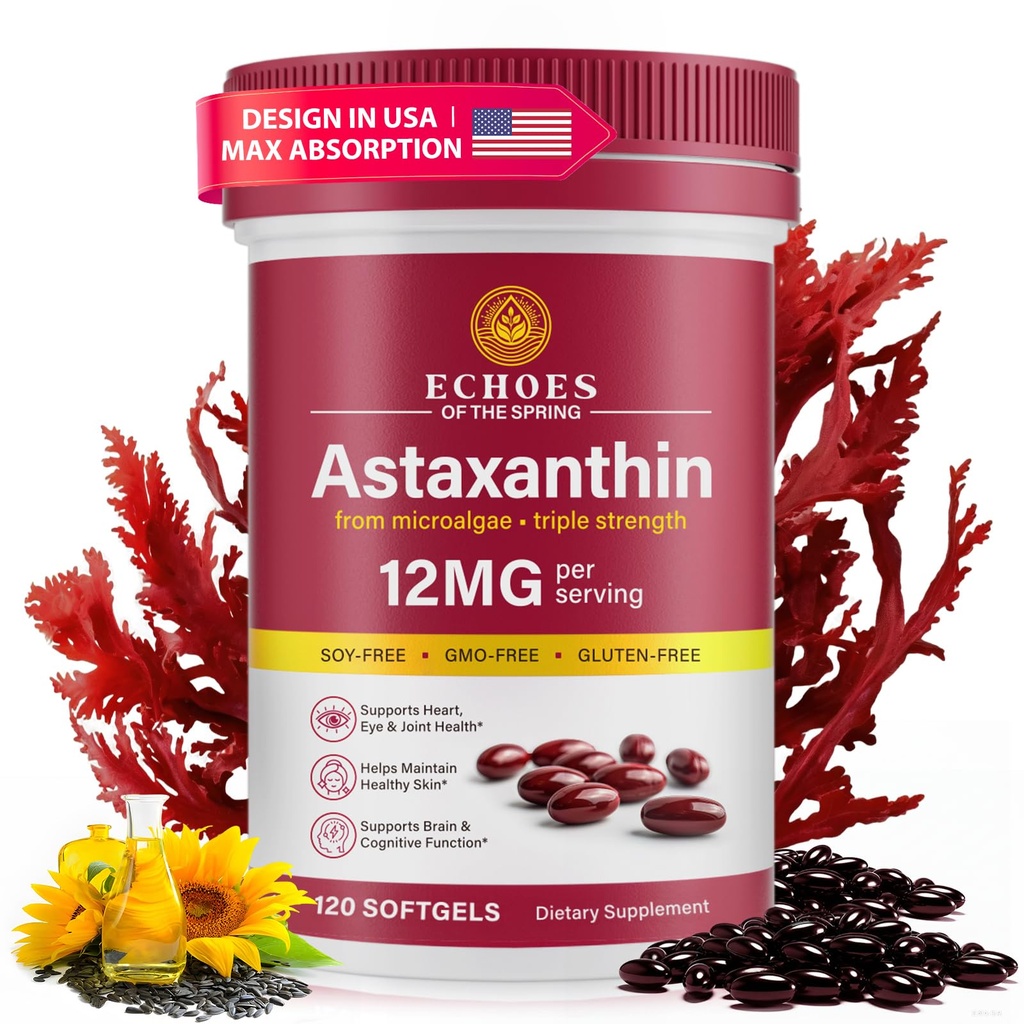 Astaksantiin 12mg - looduslik astaksantiin Haematococcus Pluvialis'est, kolmekordne tugevus antioksüdandi lisand silma, naha, liigeste ja immuunsuse toetamiseks (120 loend (1. pakk))