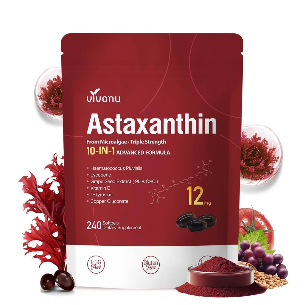 10 in 1 Astaksantiin 12 mg toidulisandeid, 4 kuu pakkumine, astaksantina antioksüdant värskest Haematococcus Pluvialis'est, sisaldab lükopeeni, viinamarjaseemneid, E-vitamiini ja rohkem toetab silma, liigeseid, naha tervist