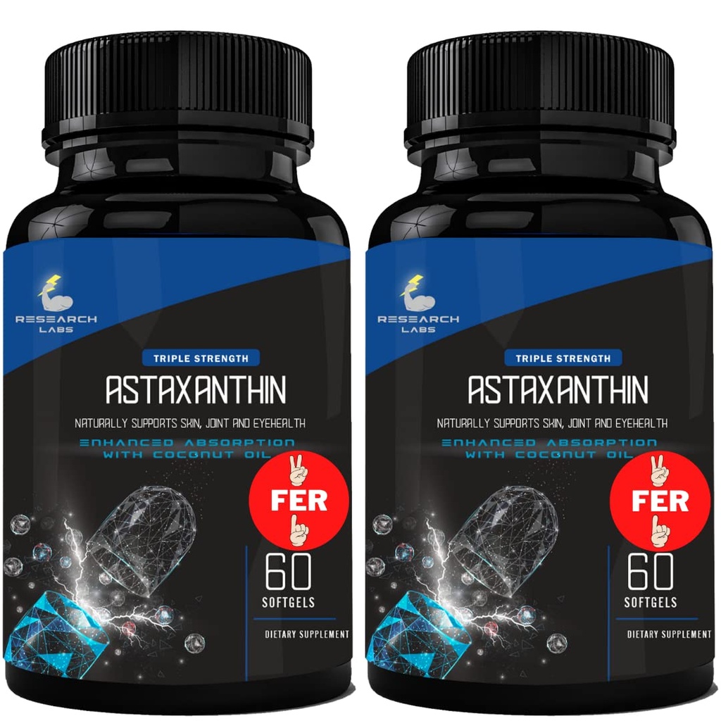 Uurimislaborid Kolmekordne tugevus Looduslik astaksantiin 12mg Softgels + ekstra pudeli orgaaniline kookosõli tõhustatud imendumiseks Võimas antioksüdant toetab silmade liigest ja südame tervist 120 kokku Softgels