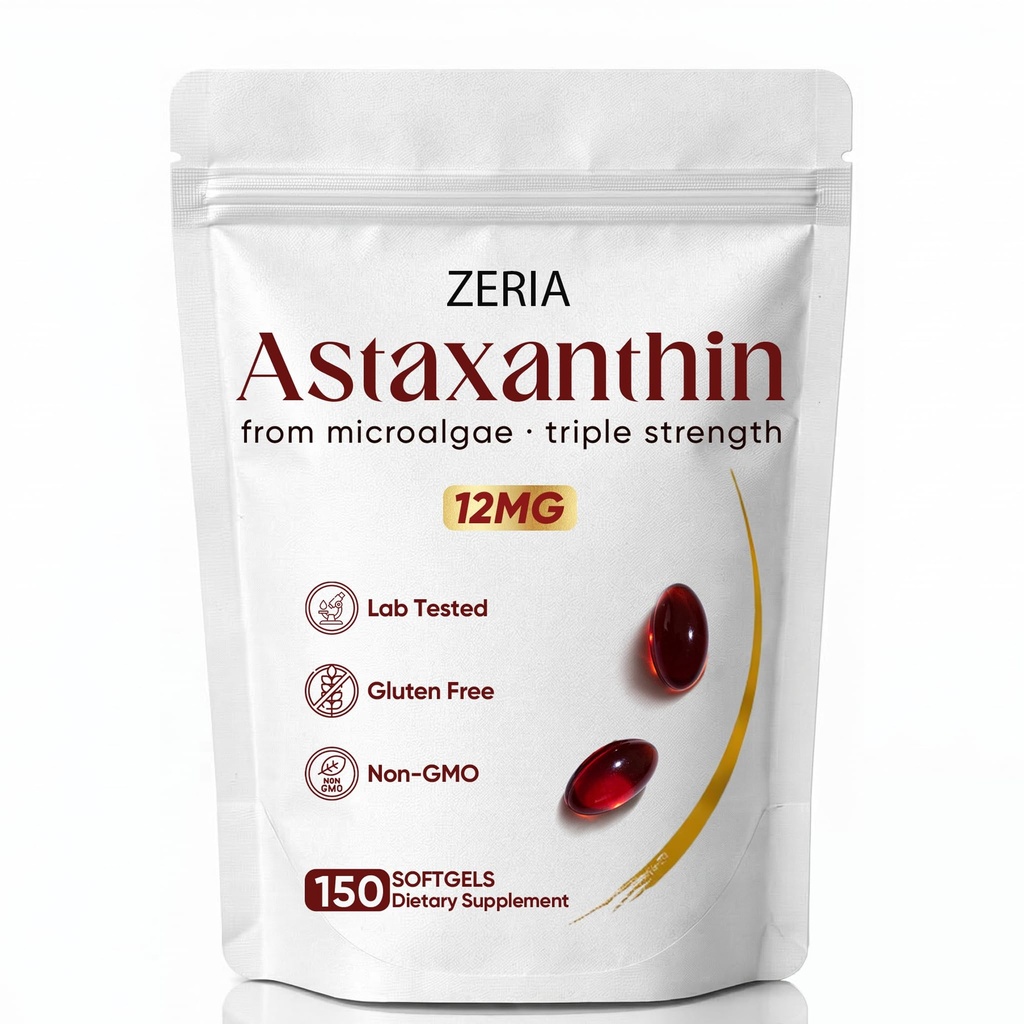 Zeria astaksantiin 12mg, looduslikud mikrovetikate antioksüdandid, aitab kaitsta rakke oksüdatiivse stressi, nahakindluse ja elastsuse eest, edendab tervislikku nahka ja silmi, 150 softgeeli