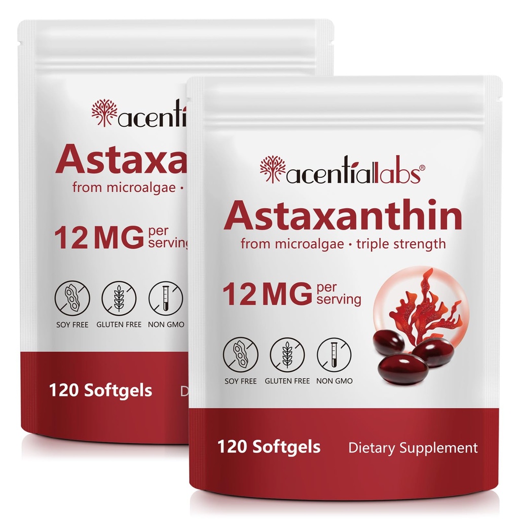 Astaksantiin Toidulisandid 12mg - 120 Softgels | Premium Natural Antioxidant alates mikrovetikad | Silma, naha, aju, liigese, südame ja immuunsüsteemi tervise toetamine | Mitte-GMO, Gluteenivaba