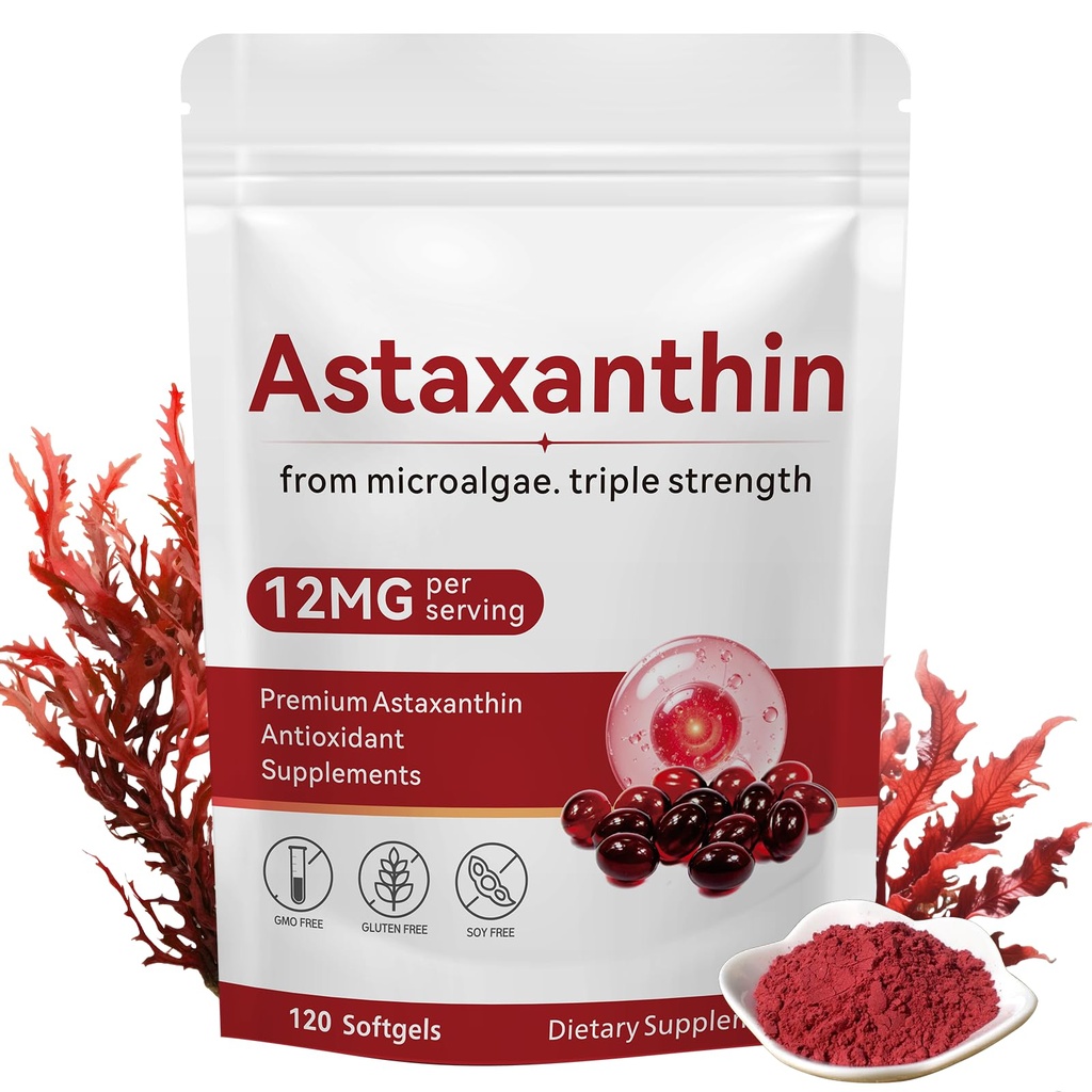 Astaksantiin 12mg, 120 Softgels, Premium Astaksanthin Antioksüdandi Toidulisandid Antioksüdandiga, Toetab Silma, Naha Tervist, Immuunsust, Siseringlust