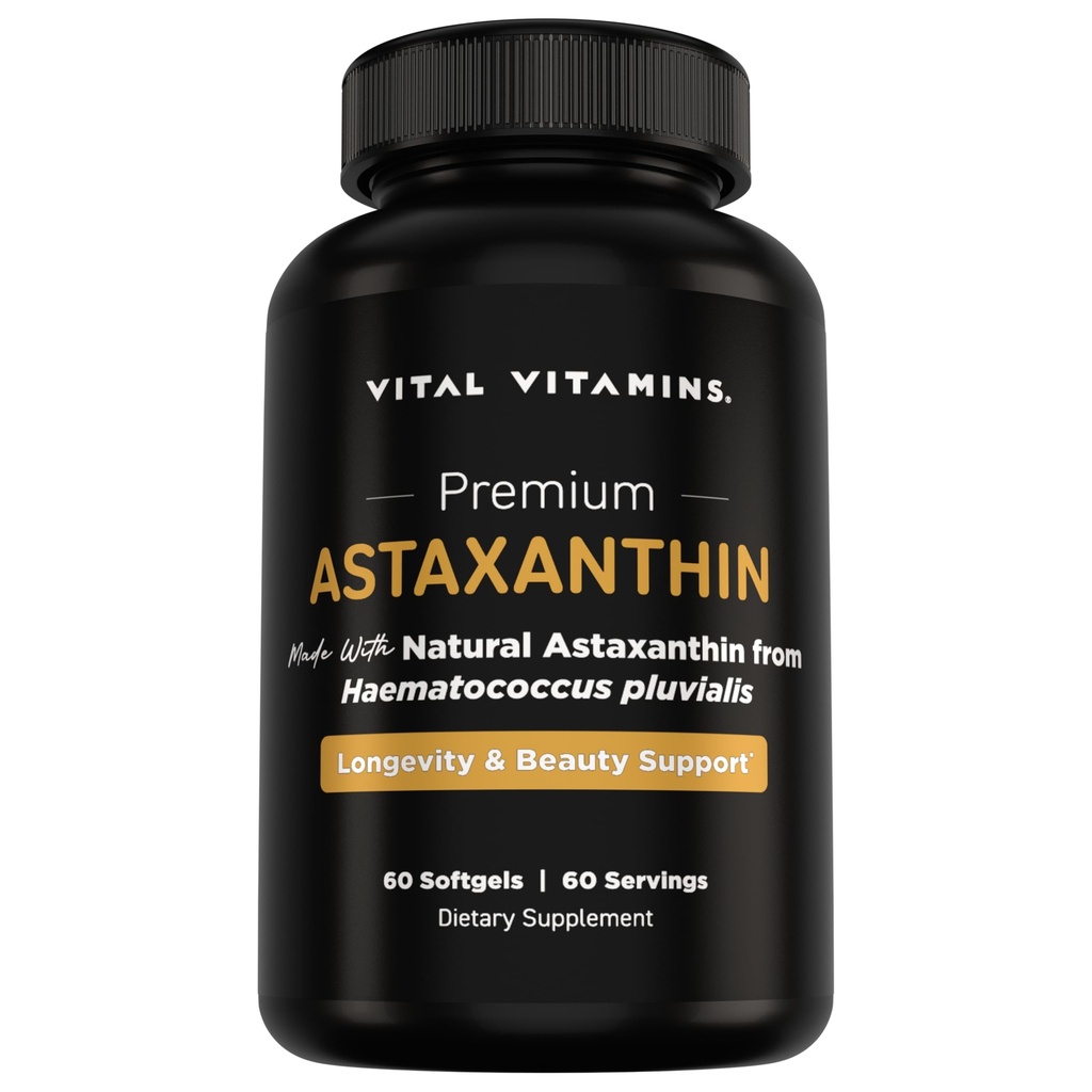 Elutähtsad vitamiinid Astaksantiin 12mg Softgels - valmistatud loodusliku astaksantiiniga - täiendus naha hüdratsiooni soodustamiseks, elastsus - kaitseb rakke igapäevase kahju vastu - Vegan, valmistatud USA-s - 60 pehmet geeli