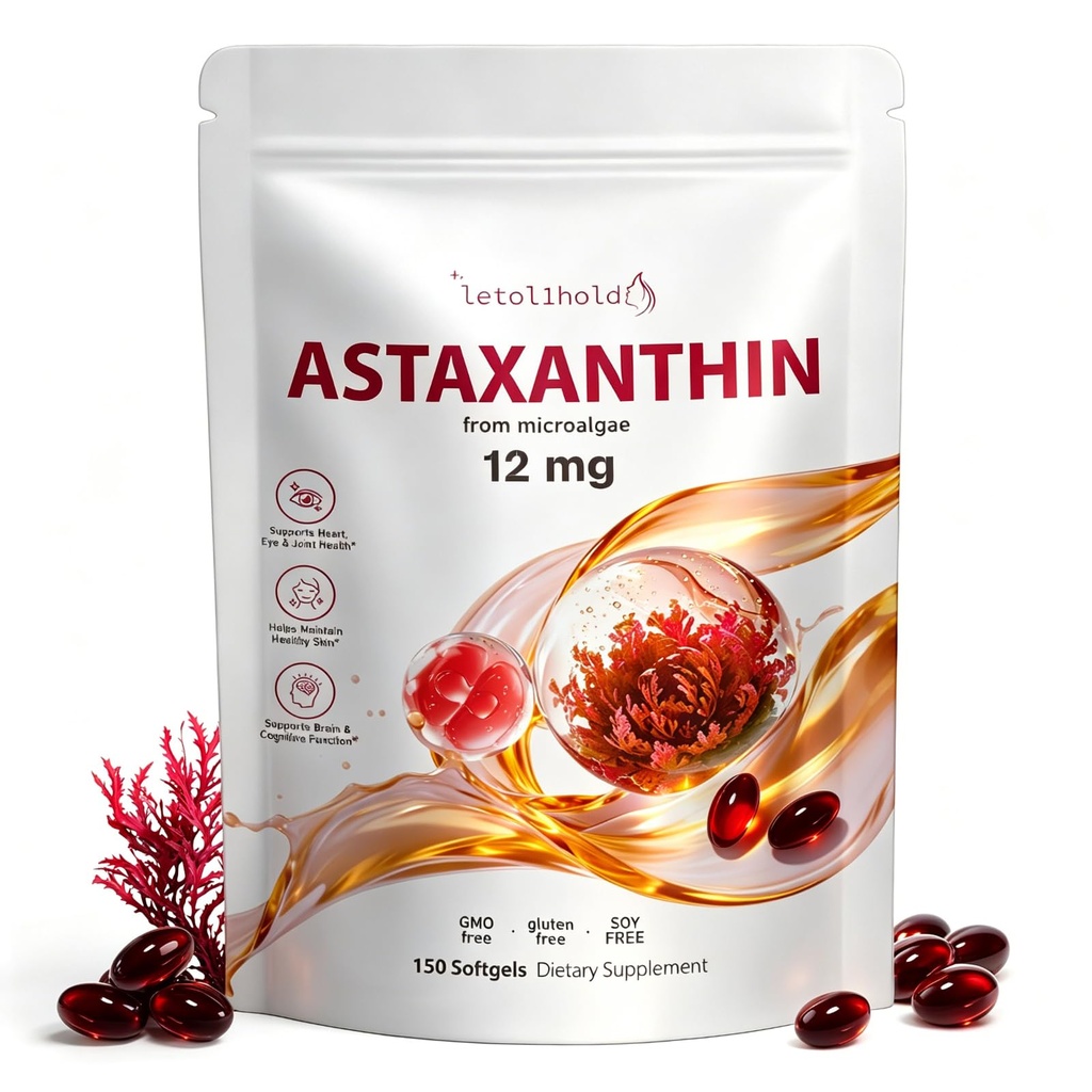 Astaksantiin 12mg, 150 Softgels - 5 kuu pakkumine, astaksantiini toidulisandid, mis pärinevad värsketest mikrovetikatest, mitte-GMO, gluteenivaba, lihtne neelata