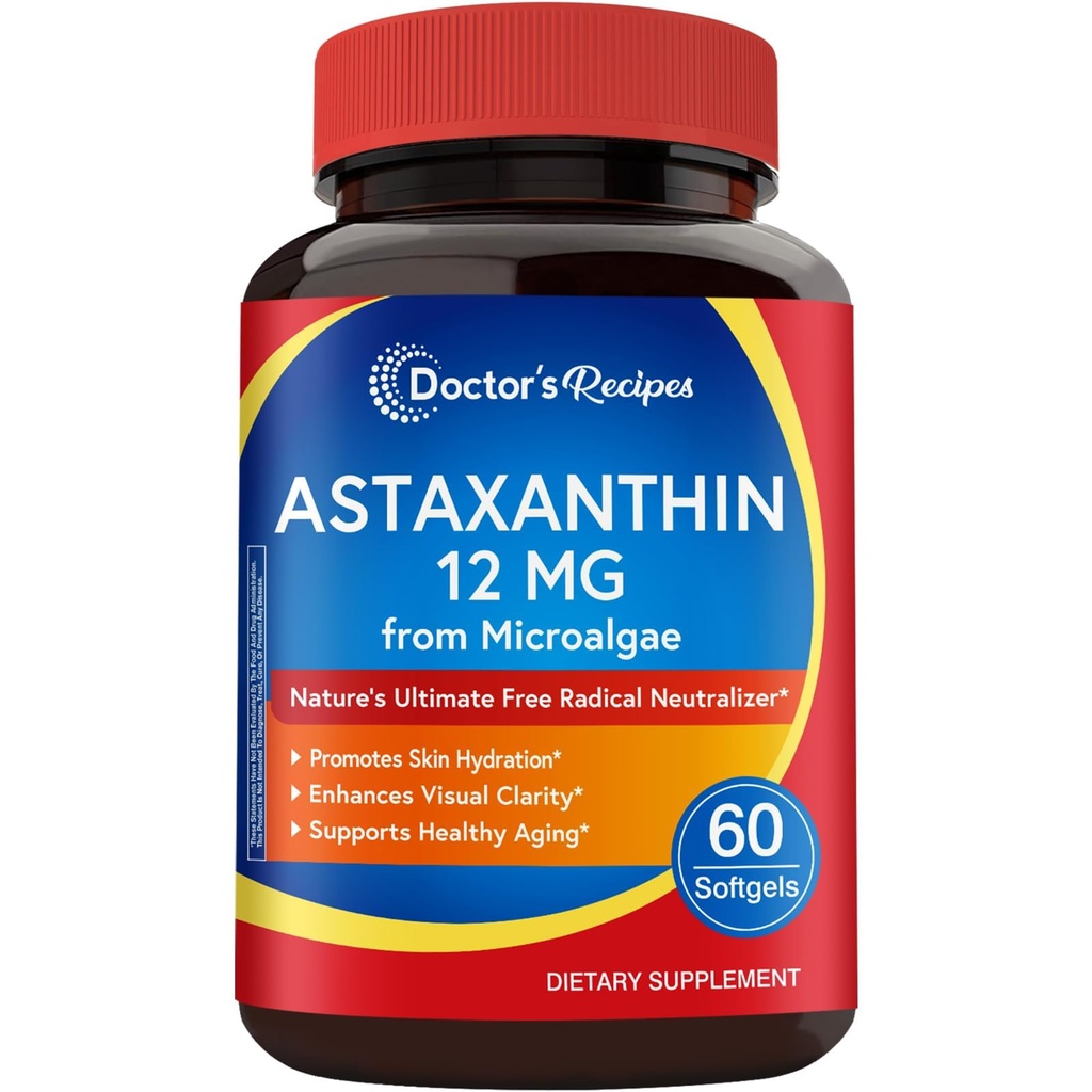 Arsti retseptid Astaksantiin 12 mg, värsketest Premium mikrovetikatest, Max Tugevus, Ei Gluteeni, Mitte-GMO, toetab nahka, silma, luu ja immuunsüsteemi tervist, 60 Softgels