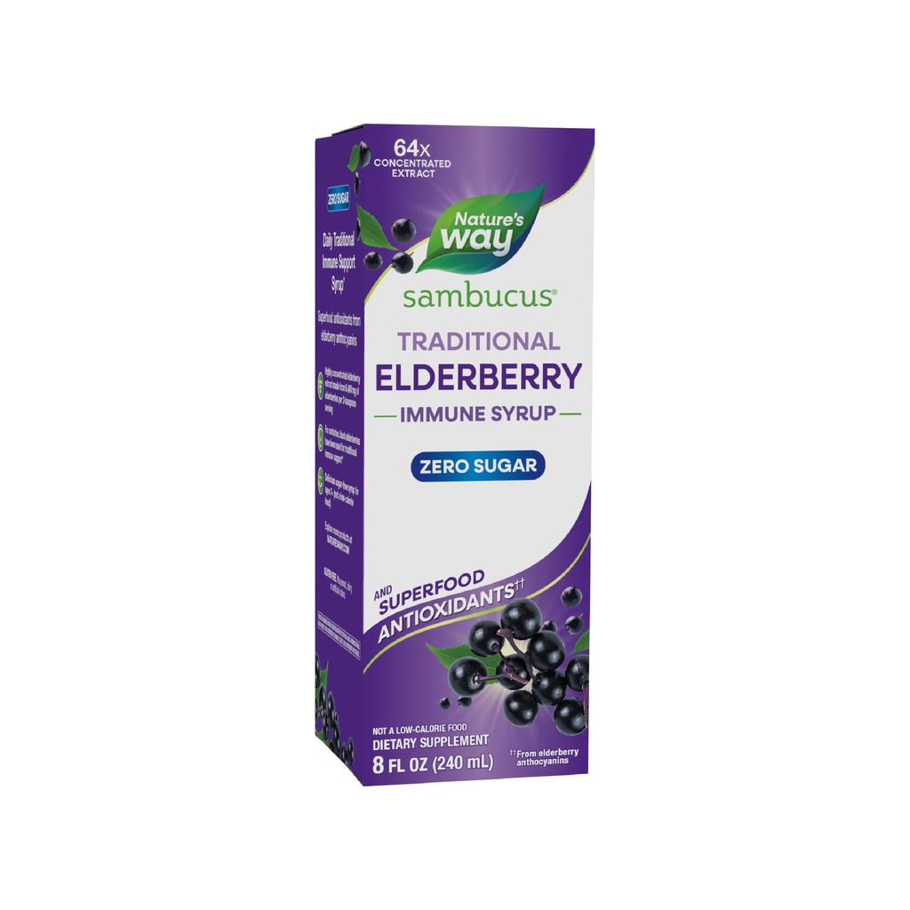 Nature's Way Sambucus Zero Sugar Traditsiooniline immuunsüsteemi siirup, väga kontsentreeritud must leedripuu ekstrakt, traditsiooniline immuuntoetus *, suhkruvaba, marjamaitseline, 8 Fl Oz (pakendamine võib varieeruda)