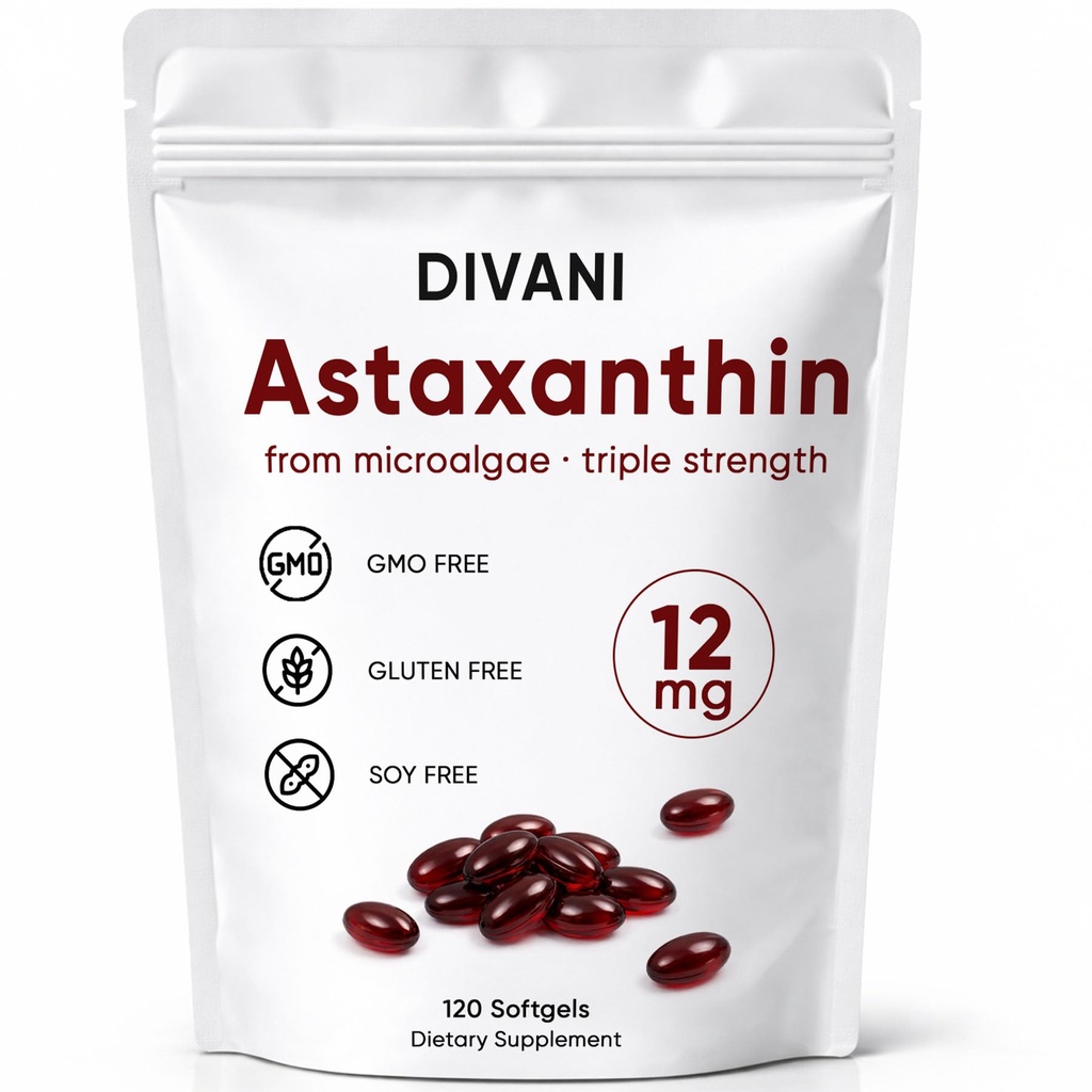 DIVANI astaksantiini 12mg, antioksüdandi toidulisand igapäevaseks terviseks, immuunsüsteemi, silmade ja naha toetamiseks, mitte-GMO, gluteenivaba - 120 Softgels